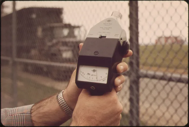 NOISE METER, HELD AT LOGAN AIRPORT END OF NEPTUNE ROAD RECORDS OVER 86 DECIBELS. Noise readings drift over time, so a short recheck keeps them trustworthy