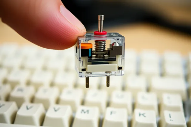 Close-up of a silent mechanical keyboard switch with soft stem pads. Budget Silent Keyboard Switches: What Changes When You Spend Less