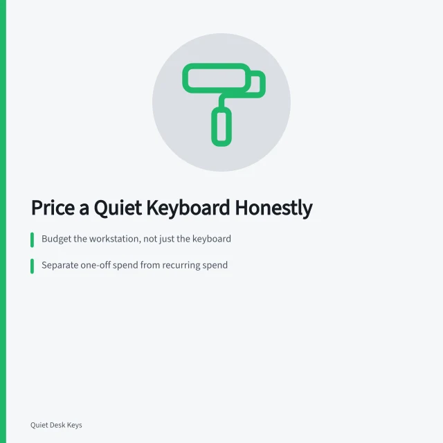 Card listing four budget columns for pricing a quieter keyboard setup. Pricing a quiet keyboard: separate one-off costs from what recurs