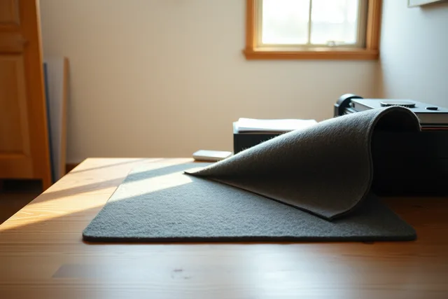 Curled felt desk mat edge lifting off a dry winter desk surface. How Calgary and Edmonton offices adjust quiet desk gear to dry winter air