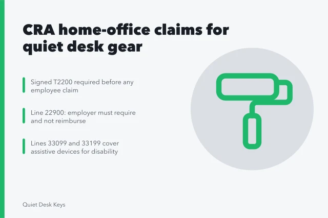 Tax form and quiet keyboard with receipt for home-office expense claim. CRA home-office expenses and quiet desk gear, what qualifies