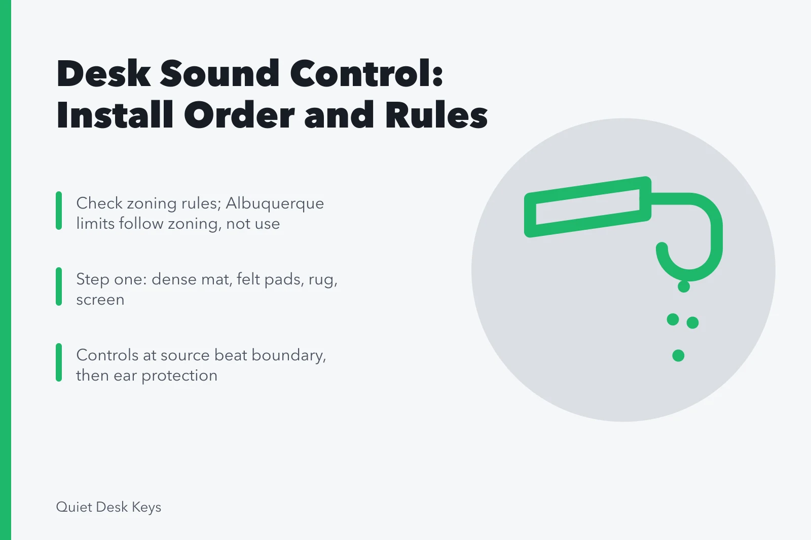 Card listing desk sound control steps: check rules, loose items, source controls. 6 pointers on desk sound control products that hold up