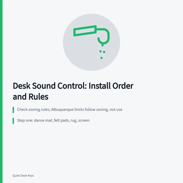 Card listing desk sound control steps: check rules, loose items, source controls. 6 pointers on desk sound control products that hold up