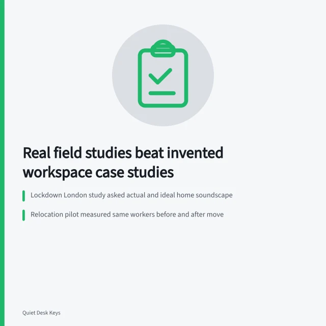 Card summarizing published field research methods versus marketing case studies. Real published field research beats an invented workspace case study