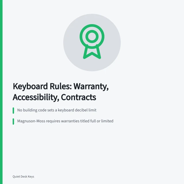 Card summarizing keyboard buying rules: warranty law, accessibility, contracts. Which rules actually govern the keyboard brand you are about to buy?