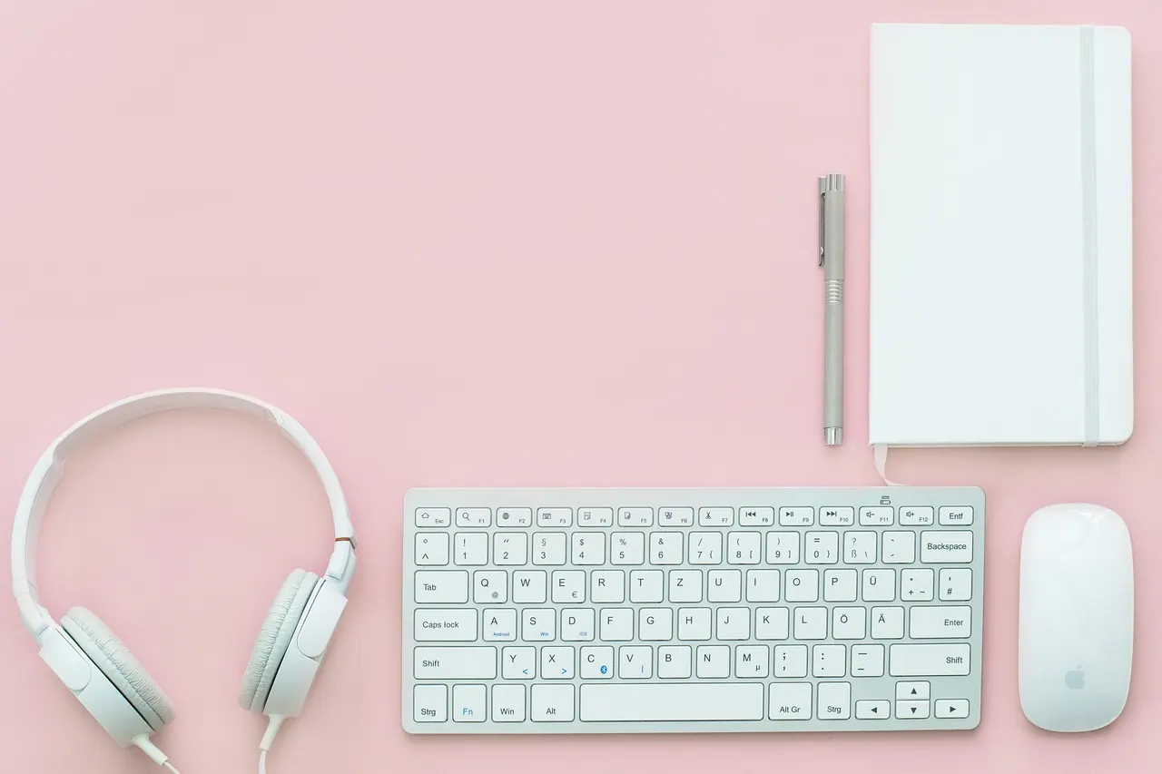 workplace, mac wallpaper, hd wallpaper, office, desk, keyboard, mouse, 4k wallpaper 1920x1080, headphones, notebook, office table, pink, pastel, wallpaper hd, background, free wall