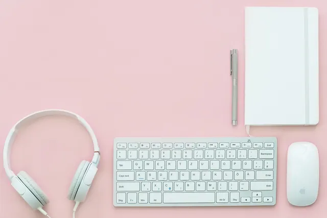 workplace, mac wallpaper, hd wallpaper, office, desk, keyboard, mouse, 4k wallpaper 1920x1080, headphones, notebook, office table, pink, pastel, wallpaper hd, background, free wall
