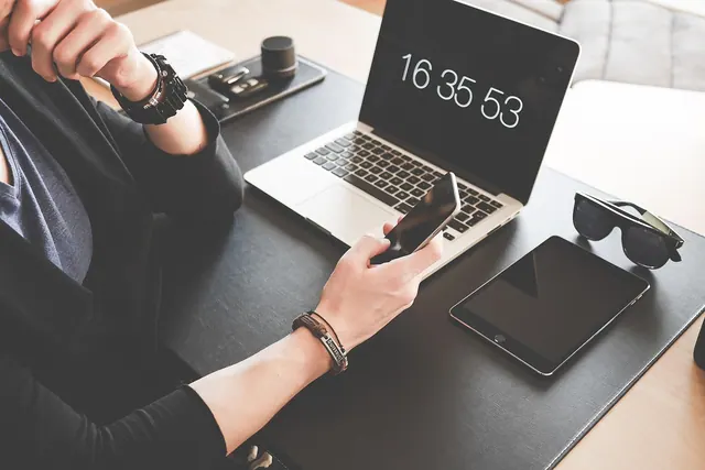 home office, computer, desk, display, iphone, keyboard, laptop, luxury, macbook, modern, organized, table, tablet, technology, work place, arms, hands, workspace, apple products, w