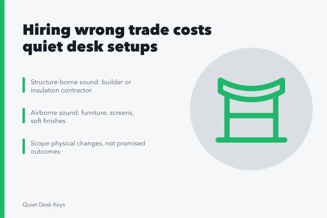 Card on hiring wrong trades for quiet desk setups. Hiring the wrong trade is the costliest quiet desk setup mistake people make