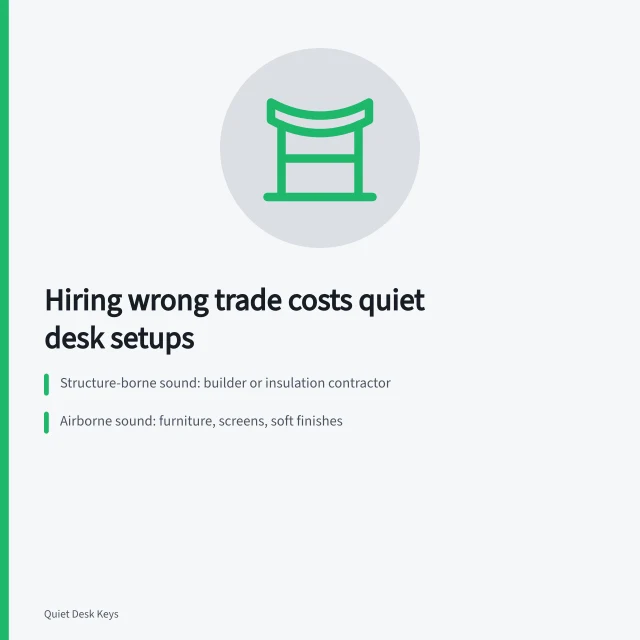 Card on hiring wrong trades for quiet desk setups. Hiring the wrong trade is the costliest quiet desk setup mistake people make