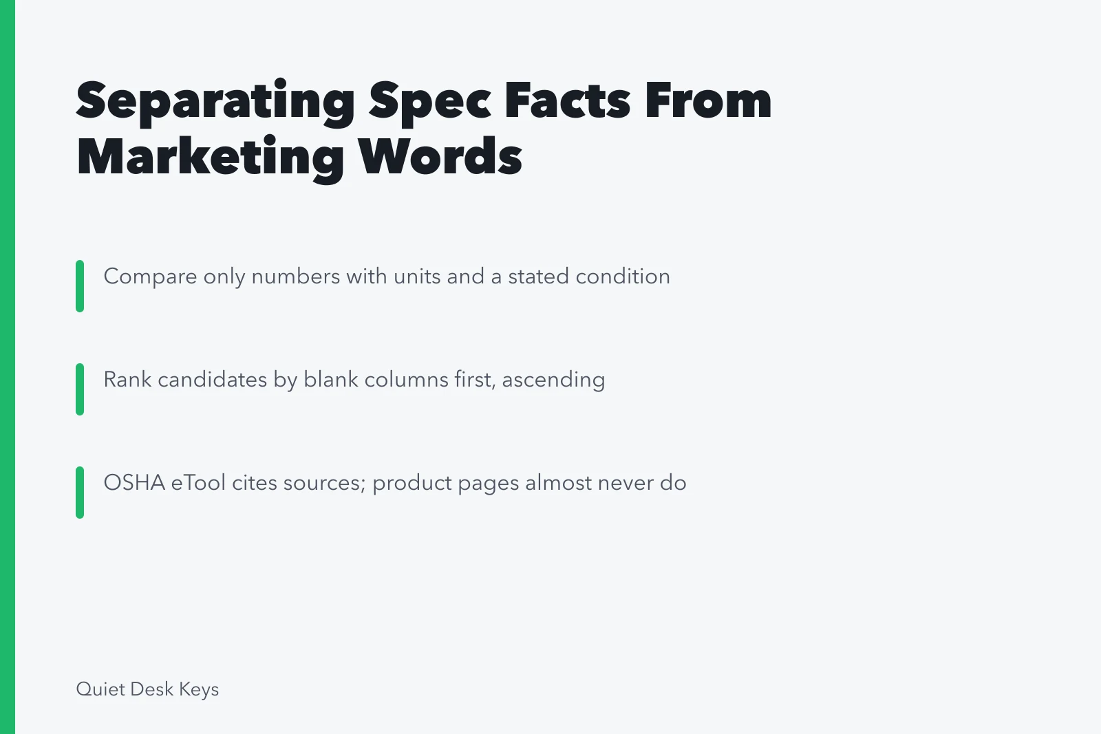 Card comparing keyboard spec sheet facts against unanchored marketing adjectives. Keyboard brand spec sheets compared: separating measured facts from marketing words in 2027