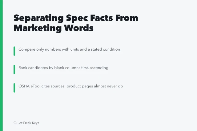 Card comparing keyboard spec sheet facts against unanchored marketing adjectives. Keyboard brand spec sheets compared: separating measured facts from marketing words in 2027