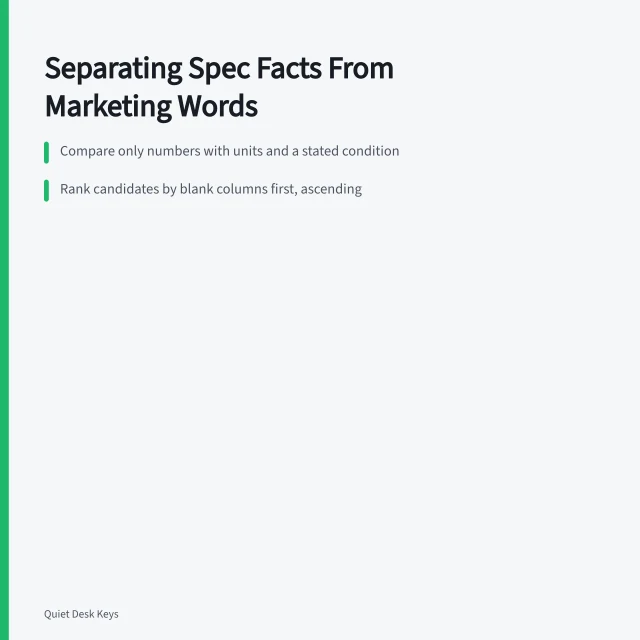 Card comparing keyboard spec sheet facts against unanchored marketing adjectives. Keyboard brand spec sheets compared: separating measured facts from marketing words in 2027