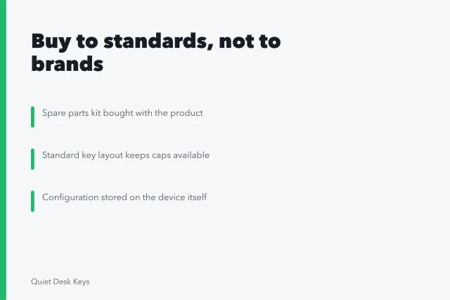 Card on standardizing keyboard hardware so vendor exits cost nothing. Four decisions that outlast any keyboard brand: what to standardize on