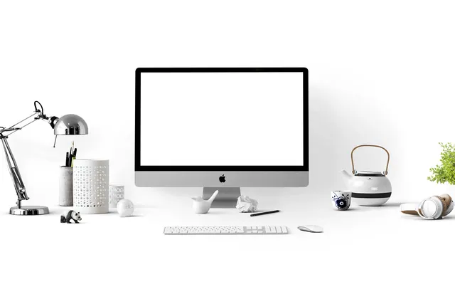 apple, computer, desk, workspace, work place, white, imac, desktop, apple devices, mockup, office, home office, lamp, monitor, screen, technology, modern, tidy, computer, computer,