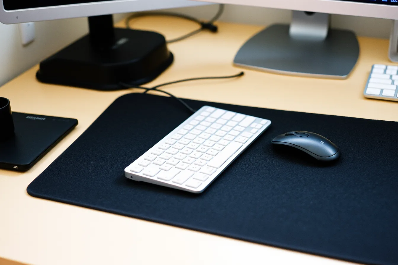 Compact low-profile wireless keyboard and small mouse on a dense desk mat. Input options for a shared desk in a small room, 2027 edition