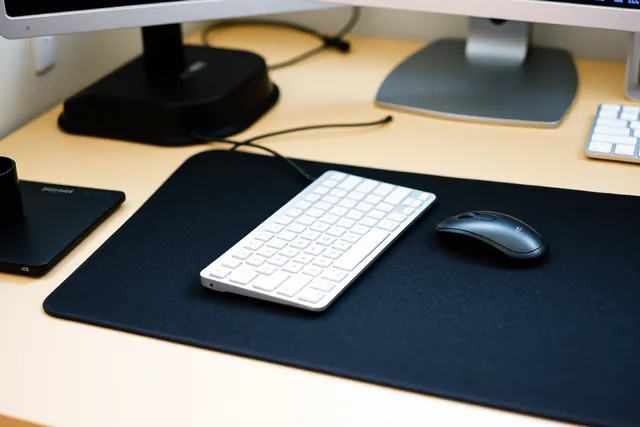 Compact low-profile wireless keyboard and small mouse on a dense desk mat. Input options for a shared desk in a small room, 2027 edition