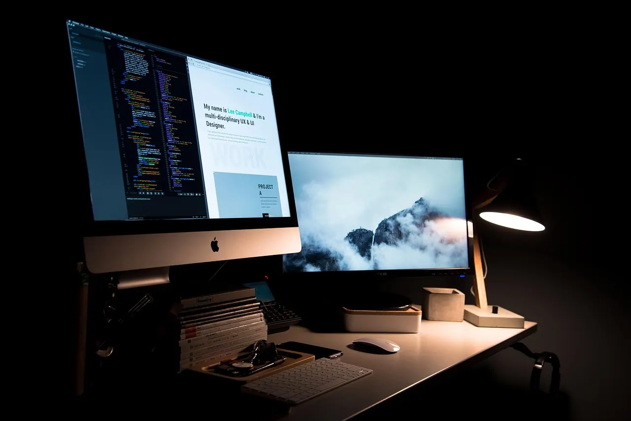 apple, books, computers, desk, desktop, keyboard, lamp, mac, work space, black computer, black book, black laptop, black books, black work, black apple, black desk, black keyboard,