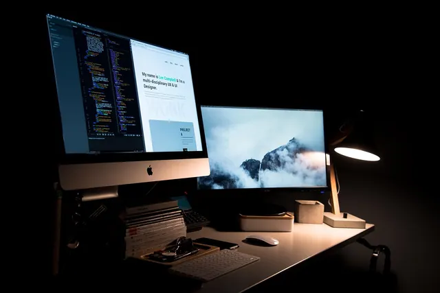 apple, books, computers, desk, desktop, keyboard, lamp, mac, work space, black computer, black book, black laptop, black books, black work, black apple, black desk, black keyboard,