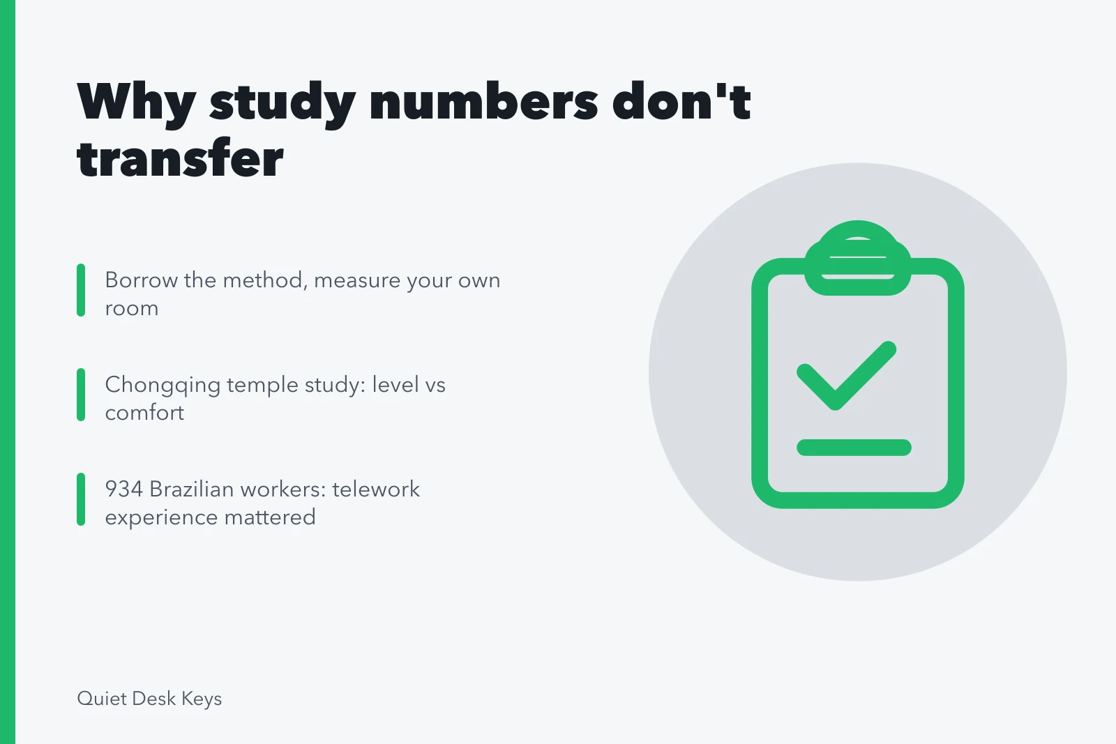 Card explaining why research findings do not transfer between workspaces. Which workspace lessons fail to transfer to your own desk?