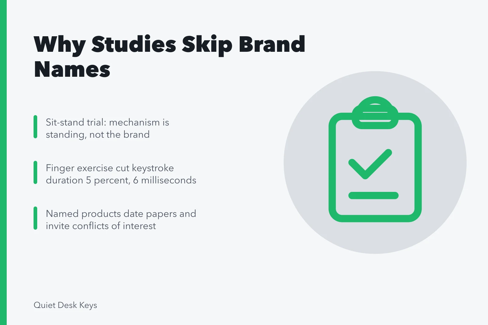 Card explaining why workspace studies report categories instead of product brands. Why do published workspace studies rarely name a single product?