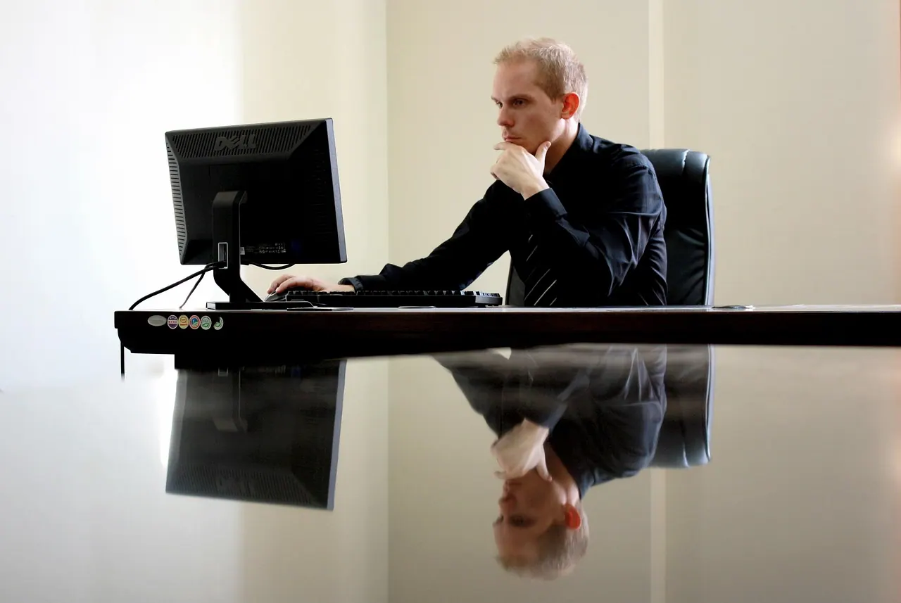 business, businessman, chair, computer, desk, desktop, entrepreneur, man, monitor, reflection, thinking, work, working, business, business, business, businessman, thinking, thinkin
