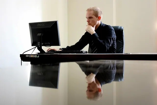 business, businessman, chair, computer, desk, desktop, entrepreneur, man, monitor, reflection, thinking, work, working, business, business, business, businessman, thinking, thinkin