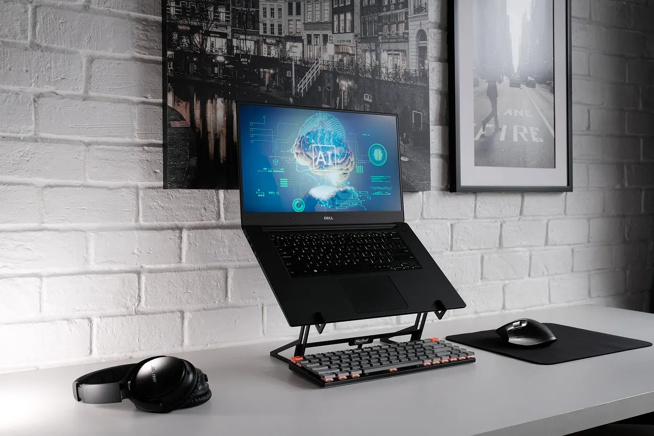 laptop, desk, office, workspace, office space, digital nomad, laptop stand, laptop riser, mechanical keyboard, headphones, computer mouse, mouse pad, work, ai, machine learning, ar