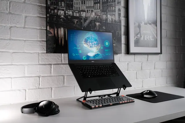 laptop, desk, office, workspace, office space, digital nomad, laptop stand, laptop riser, mechanical keyboard, headphones, computer mouse, mouse pad, work, ai, machine learning, ar