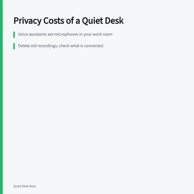 Card listing privacy mistakes from quiet desk setups: listening devices, work data, desk photos. Microphones and cameras are the privacy cost of a quieter desk setup