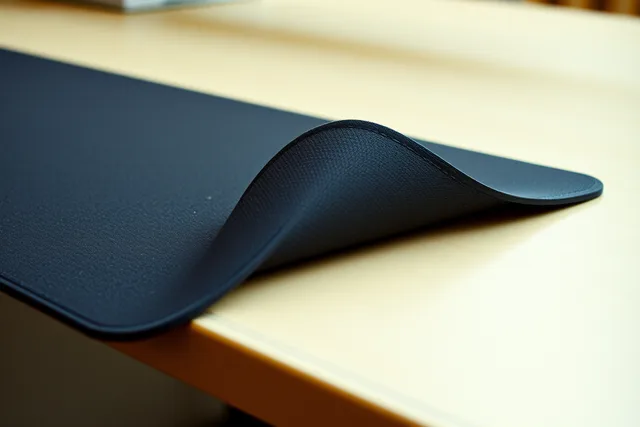 Curled desk mat corner lifting off a dry desk surface. Winter-dry air and desk mats, a seasonal check for Prairie desks